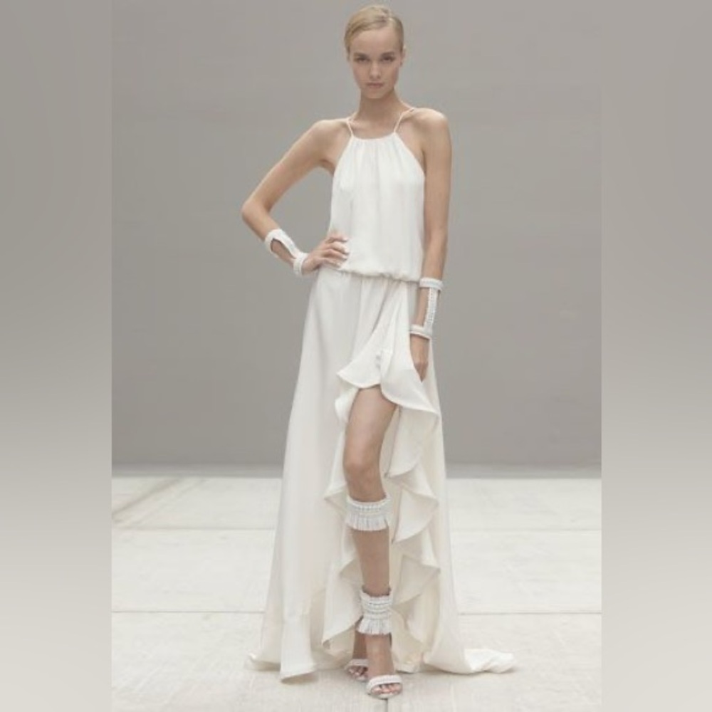 NWD Alexis Mickaelwhite ivory silk structured ribbon ruffle hi low dress gown L